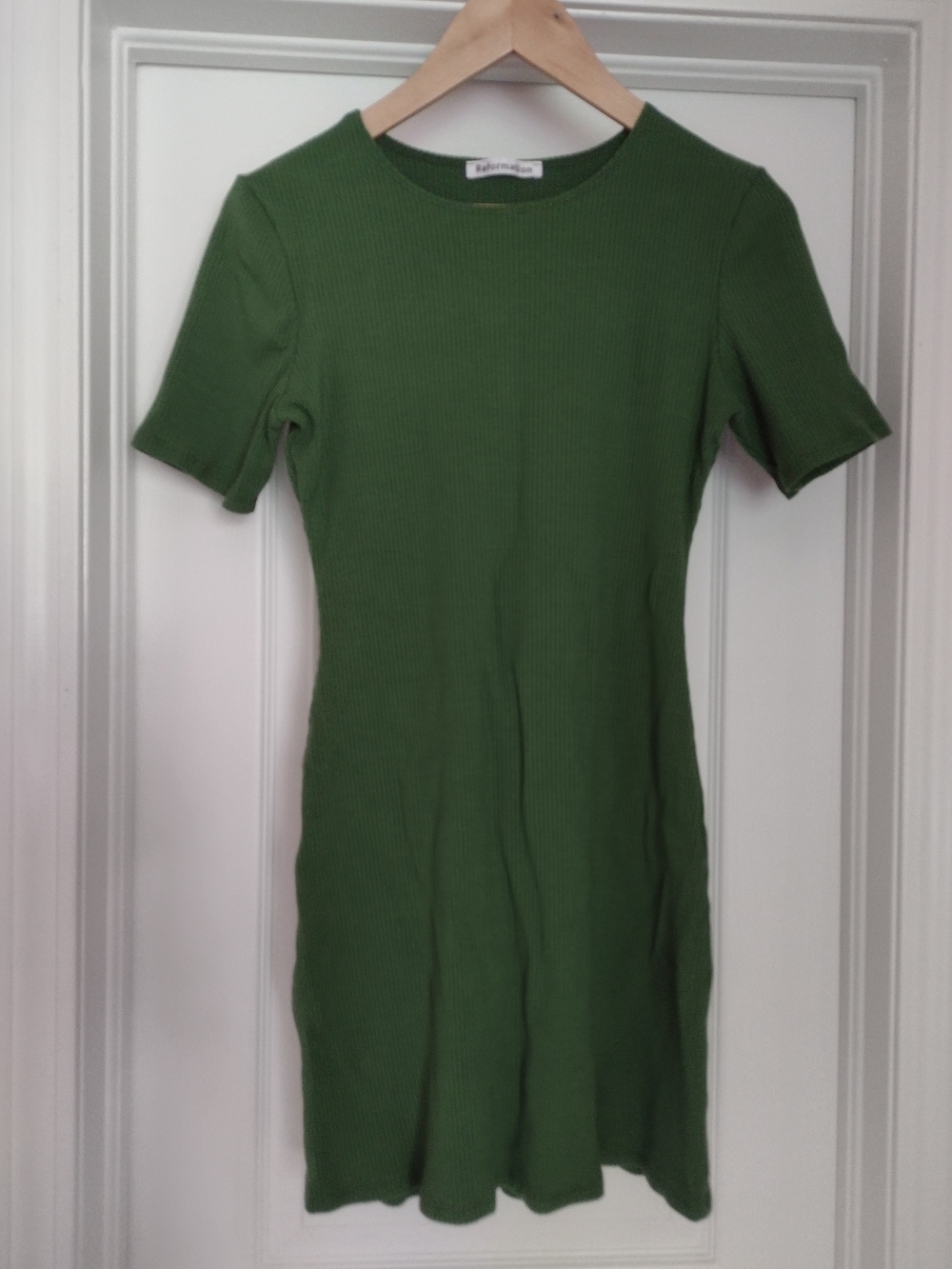 Reformation Green Ribbed Short-Sleeve Mini Dress Large